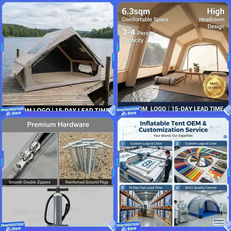 Inflatable Tent 6.3sqm Premium Black Coating UV50 Protection Waterproof Summer Cooling Air House