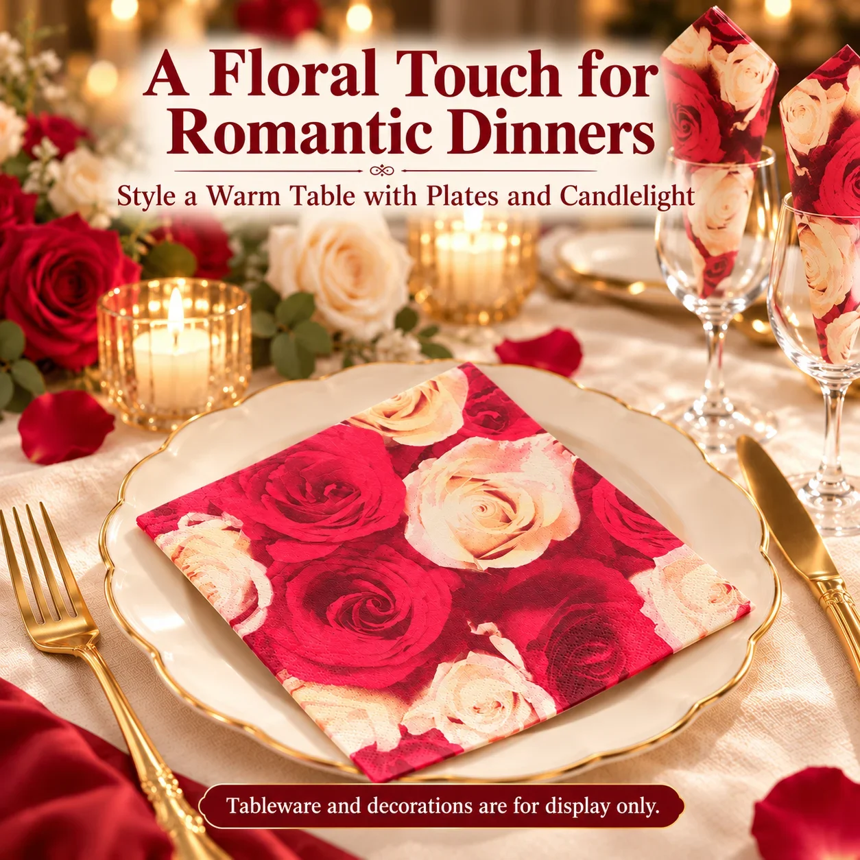 20pcs Rose Paper Napkins 2-Ply 33x33cm Red Cream Floral Print for Wedding Valentine Anniversary Party Table Decor
