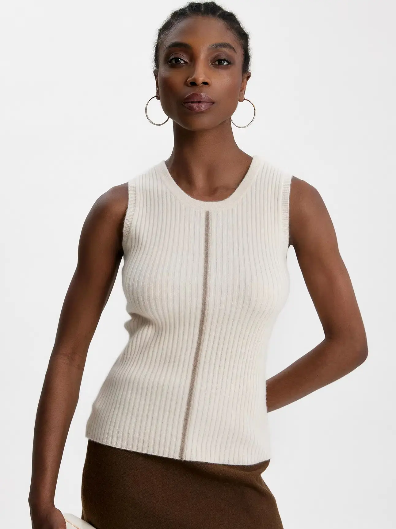 TLOML Women 100% Baby Cashmere Waistcoat O-neck Pit Stripe Color Blocking Vest Pullover Autumn Winter Cashmere Knitwear Slim Top