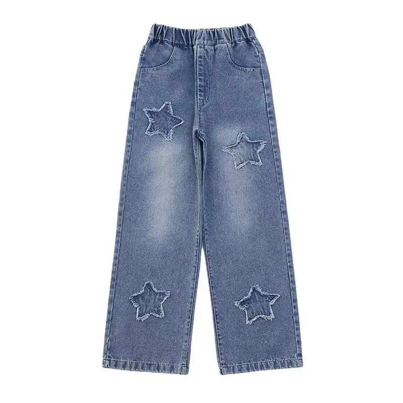 Teenager Mädchen Cargo-Jeans mit weitem Bein, Frühling und Herbst, modische Kinder, lässige Denim-Hosen, Schule, junge Kinder, gerade Baggy-Hose, 3–12 Jahre – Detail 3