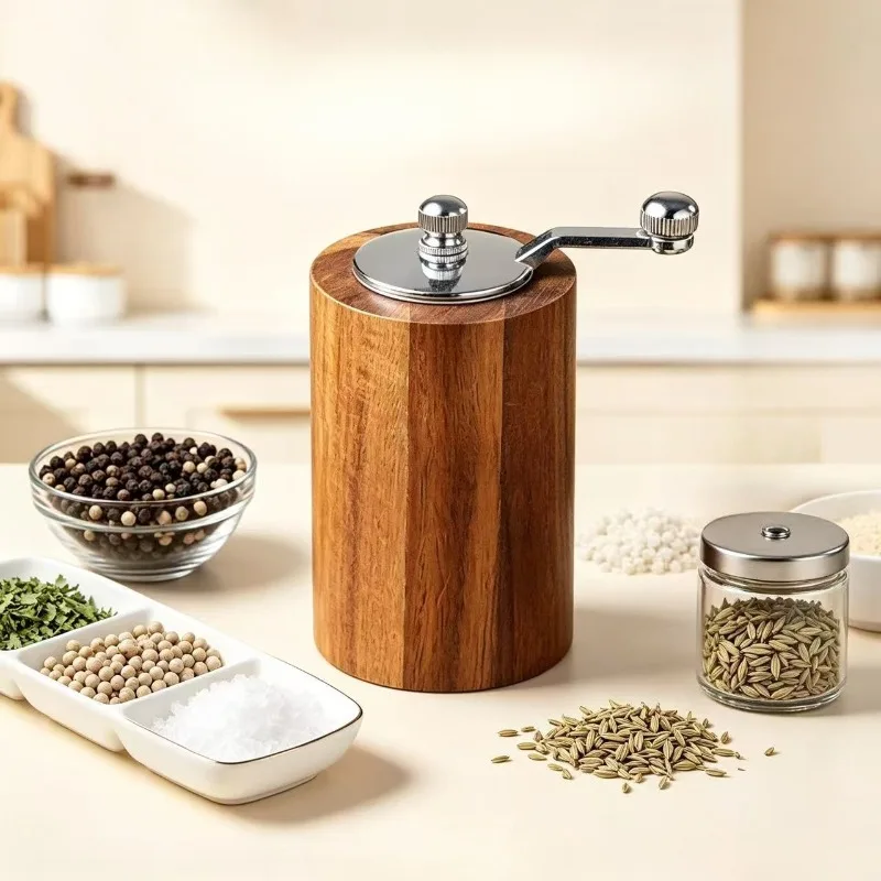 Manual Pepper Grinder,Hand Crank Wood Pepper Mill ,Refillable Spice Grinder for Black Peppercorns, White Pepper, Sesame and Salt