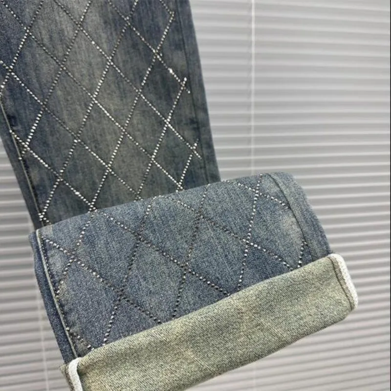 Calças de brim de luxo strass para mulheres cintura alta denim jeans elegante losango calças largas y2k moda feminina denim