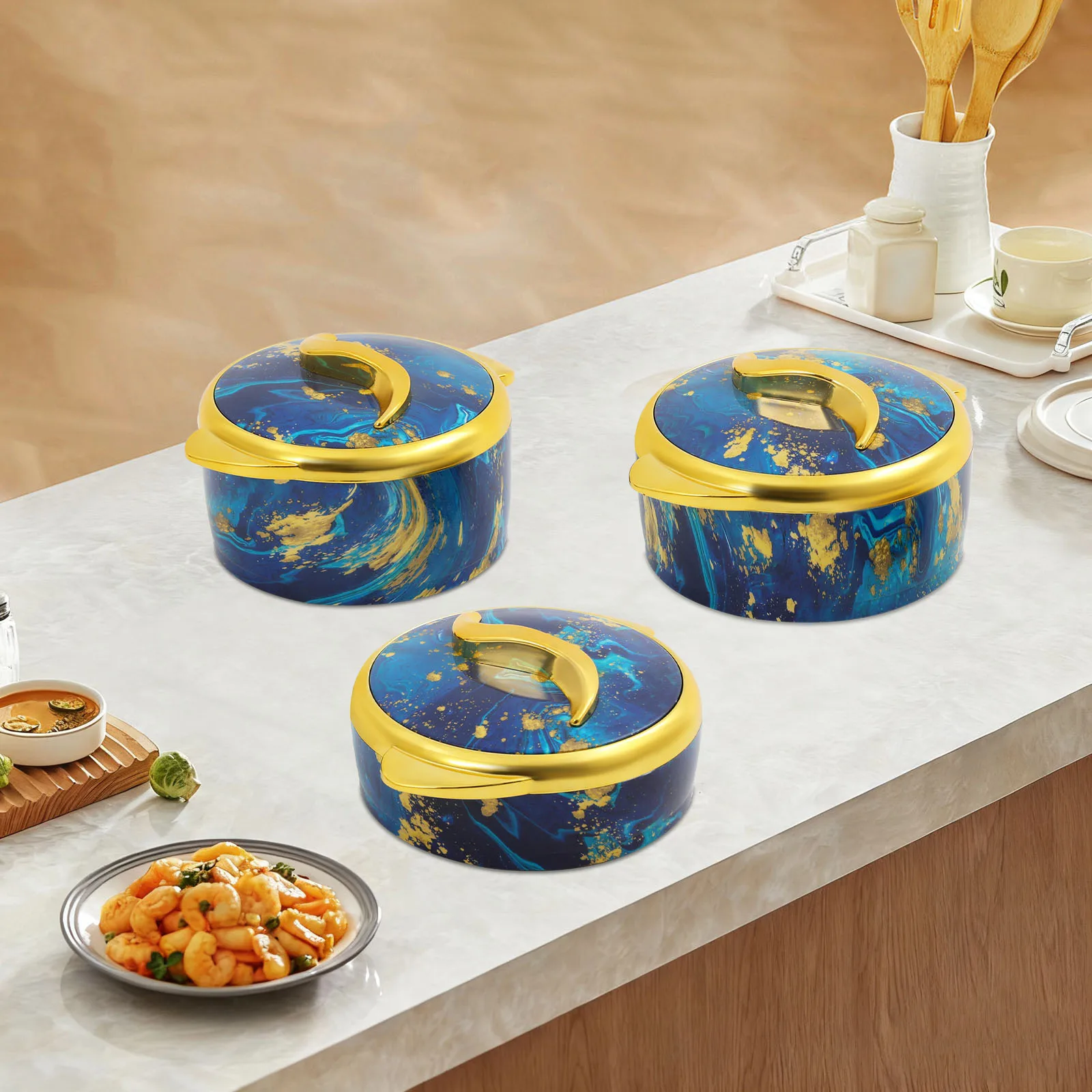 

3Pcs Insulated Container (1.5L/2L/2.5L) Insulated Stainless Steel Container for Hot & Cold Food, Thermal Serving Bowl, Blue+Gold