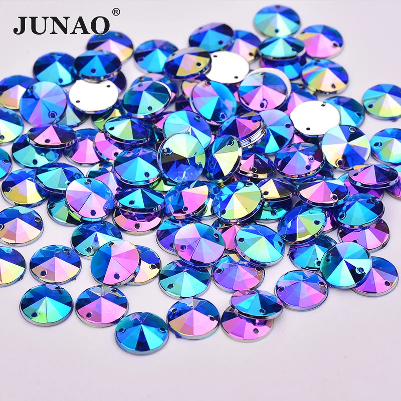 JUNAO 1000pc 10mm Sew On Crystal AB Rivoli Rhinestone Applique Round Flatback Acrylic Gems Sewing Strass Stones For Dress Crafts