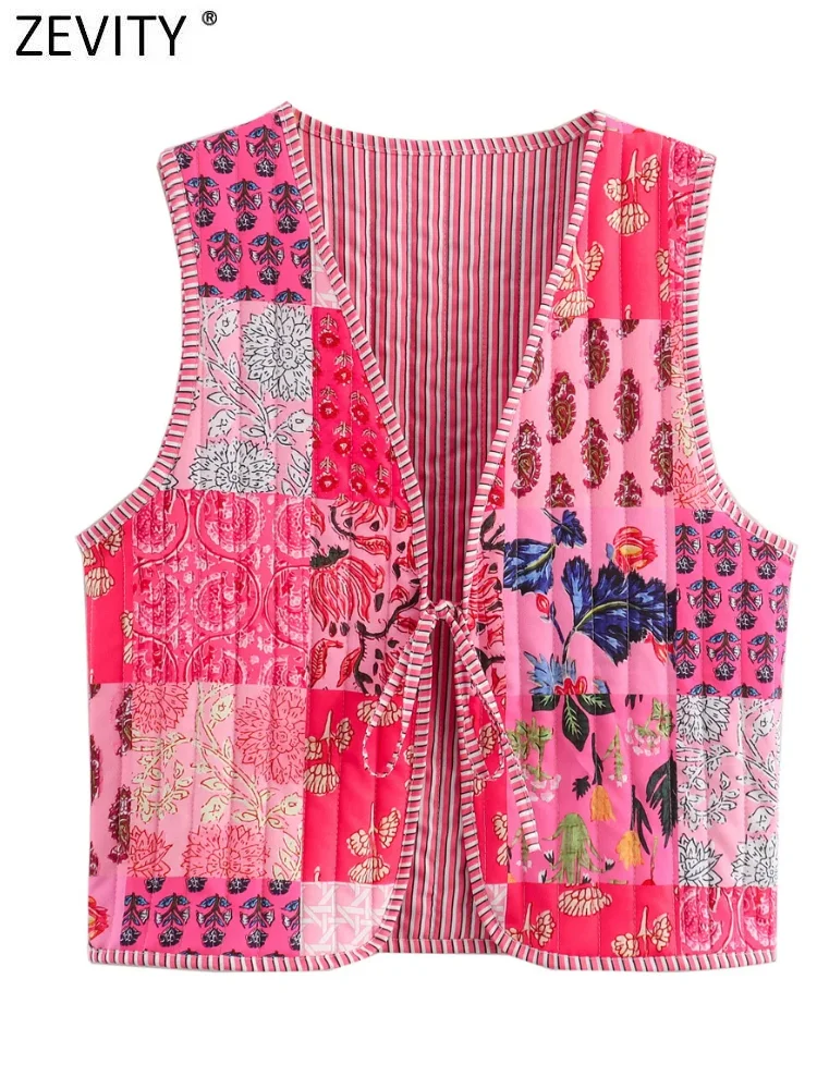 Zevity Women Vintage V Neck Patchwork Floral Print Quilted Cotton Vest Jacket Ladies Retro Lace Up Slim WaistCoat Tops CT6467