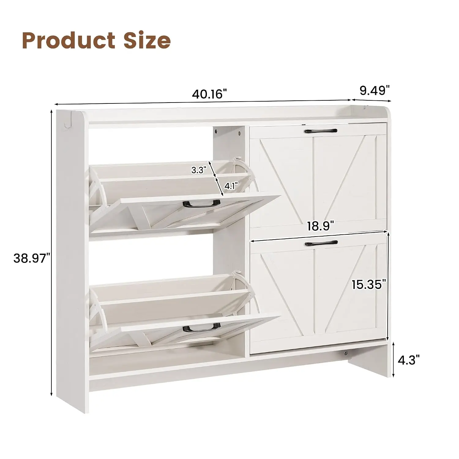 Farmhouse Shoe Cabinet 4 Flip Drawers Wooden Legs Adjustable Shelves Freestanding Entryway Hallway White, Customized