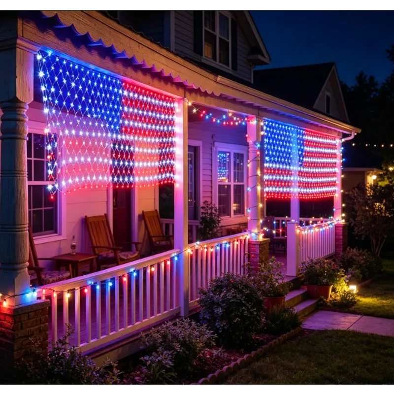 アメリカ国旗ledライトネット-390個の超高輝度ビーズ-110vプラグイン-屋外-屋内装飾ランプ-独立記念日用