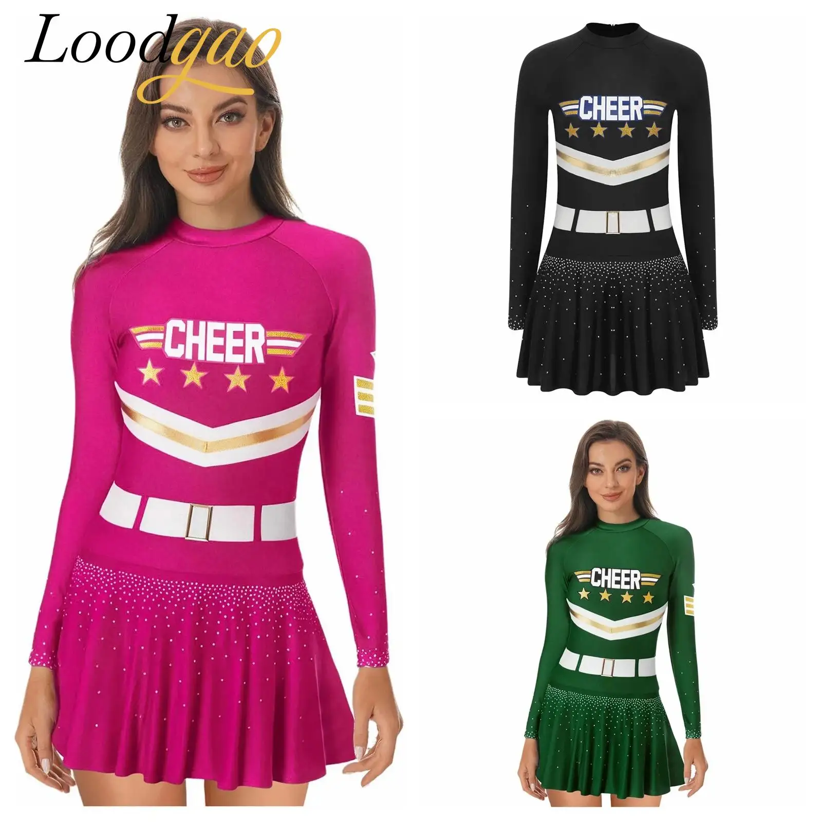 

Cheerlead Outfit Women Cheerleader Uniform Fashion Letter Star Stripe Printed Glittery Cheer-leading Halloween Cosplay Dress