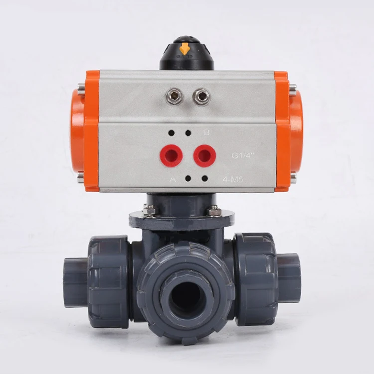 Double Union PVC Plastic 3 Ways L Port Pneumatic Control Socket Ball Valve Spring Returned with Air Solenoid Valve