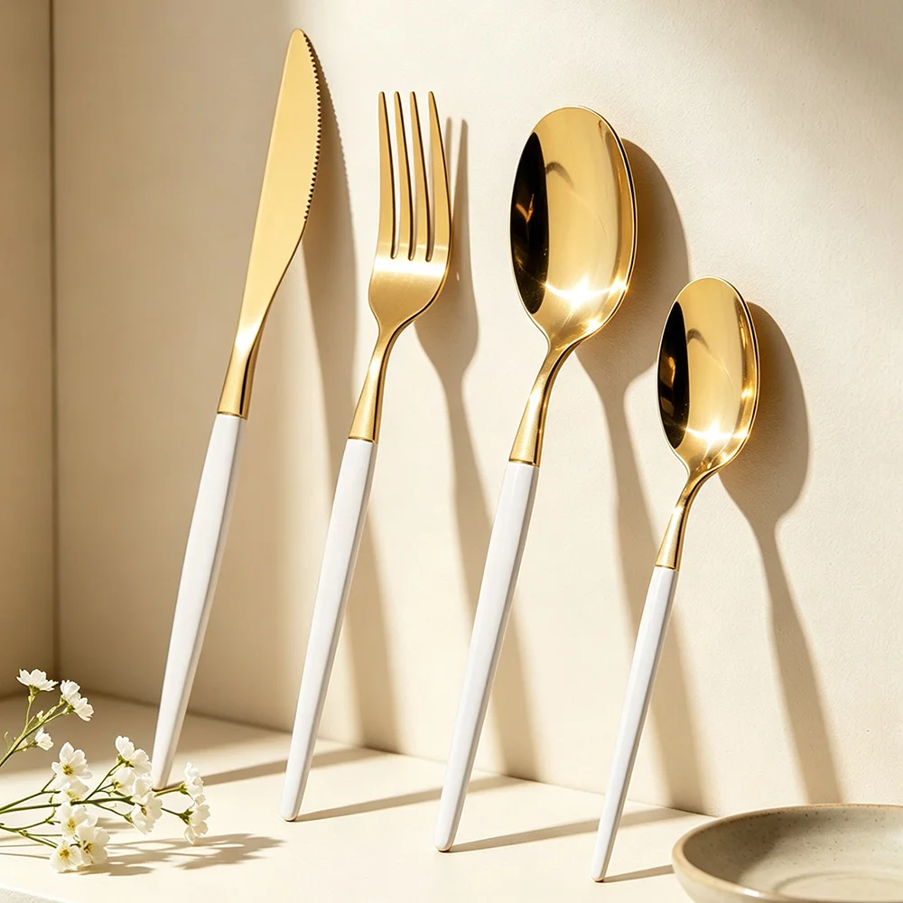 4Pcs/Set Stainless Steel Dinner White Gold Dinnerware Set Knife Fork Coffee Spoon Cutlery Set Kitchen Tableware Silverware Sets