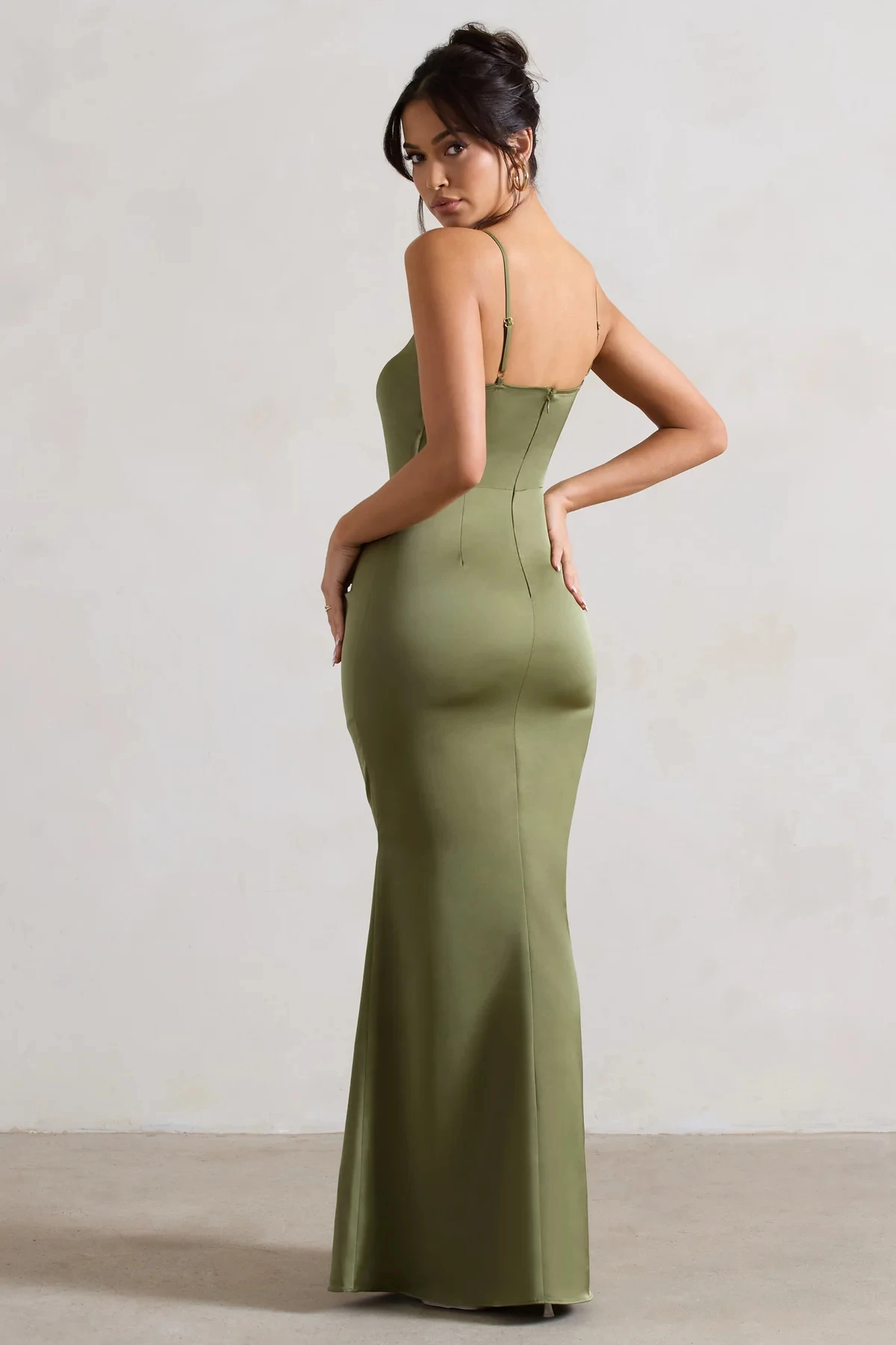 Olive Green Satin Evening Dresses V-Neck High Side Slit Spaghetti Strap Backless Mermaid Prom Party Evening Dress