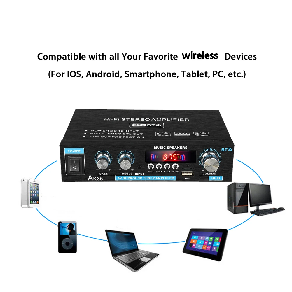 

AK35 Bluetooth HiFi стереофонический усилитель мощности звука с USB, TF, RCA, AUX входами + пульт дистанционного управления