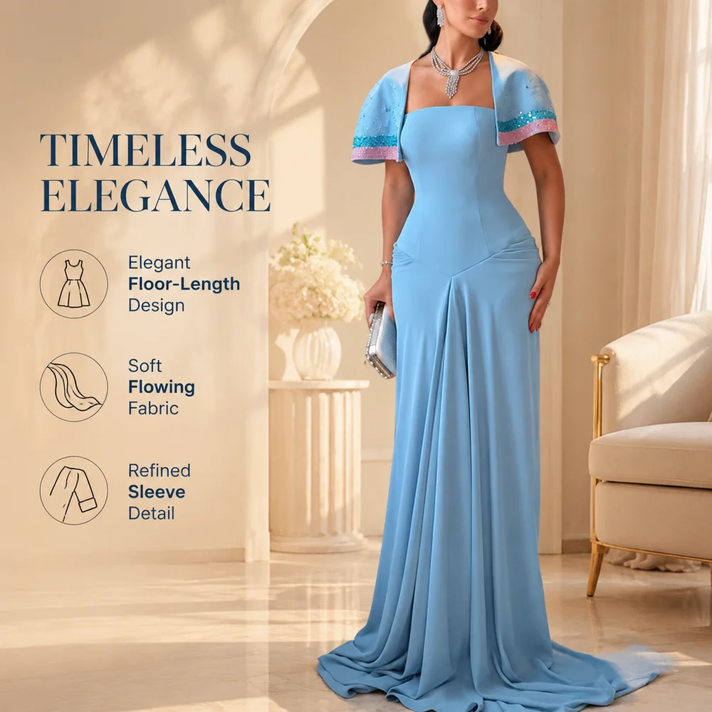 Customized Strapless Blue Beaded Short Sleeves Floor Length Sweep Train Woman Elegant Dress Women for Wedding Party Abiti Sera