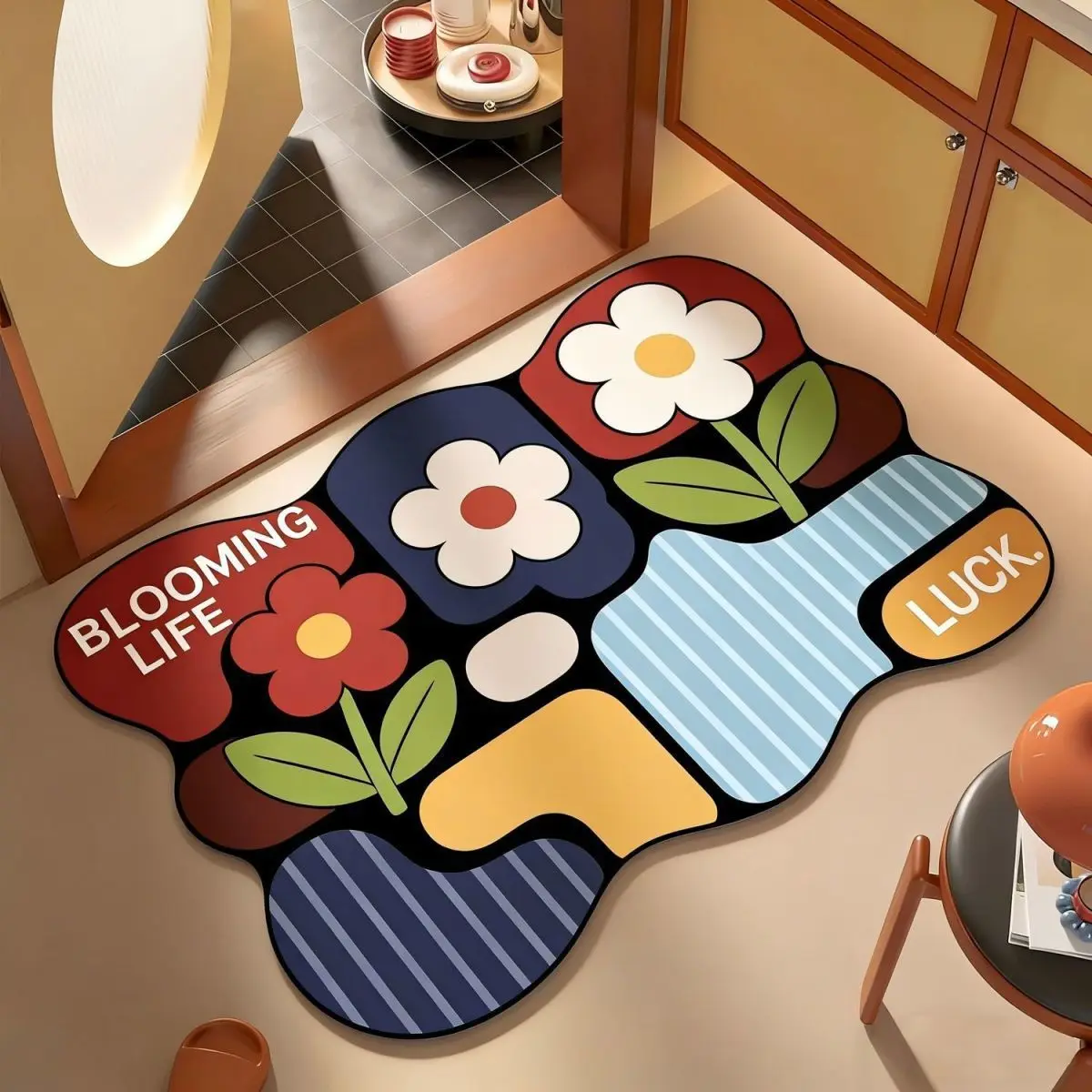 VIKAMA Color Block Floral Irregular Shaped Bath Mat Non Slip Washable Absorbent Rug Boho Cute Entryway Bathroom Home Decor