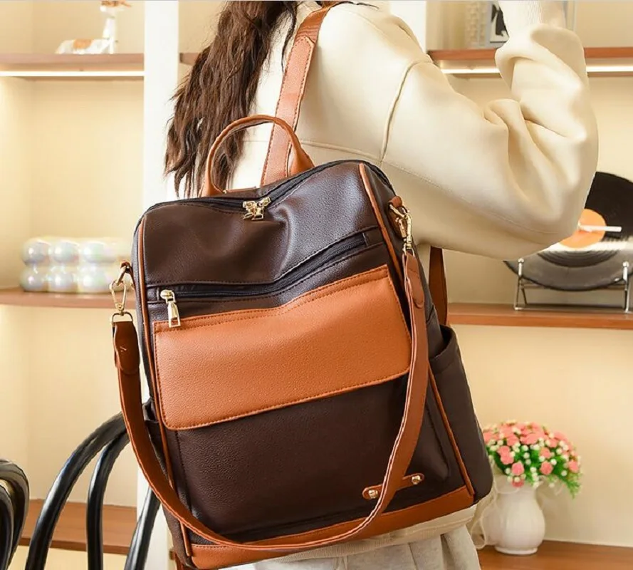 

Hot Sale High Quality Leather Travel Backpack Women's Fashion Vintage Large Capacity Casual Shoulder Bags Totes School Bag