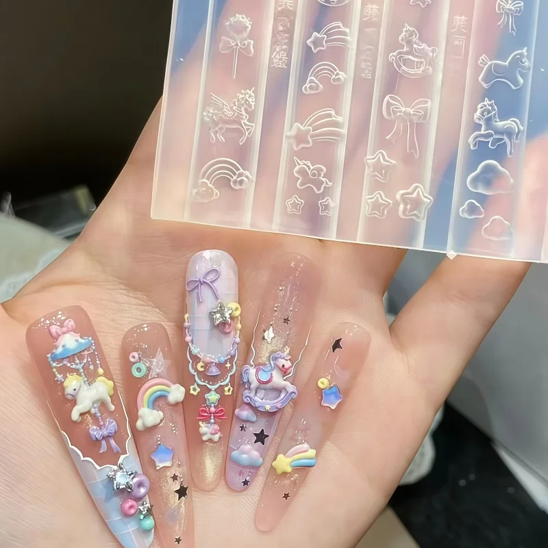 Traumhaftes Einhorn Regenbogen-Pferd Fliege Bonbon-Karussell Niedlicher Hase 3D Nagelkunst-Dekorationen DIY Transparente Silikonform – Detail 1