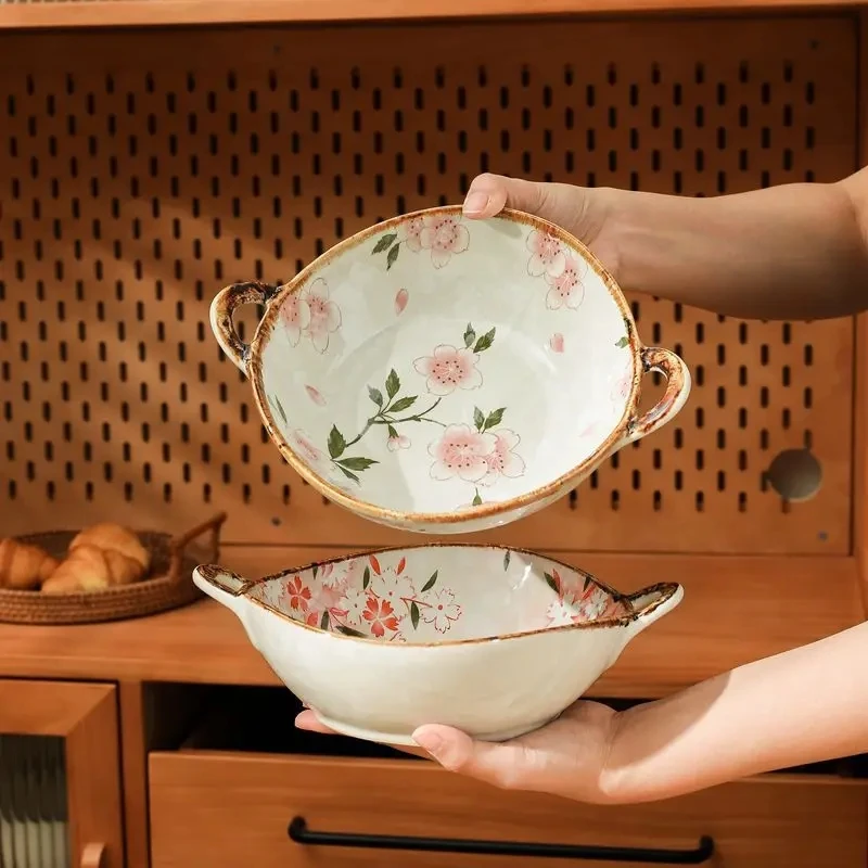 

Japanese Household Noodle Bowl 7.5inch Ceramic Soup Bowl With Handle Salad Pasta Bowl Kitchen Tableware Microwave Oven Bakware