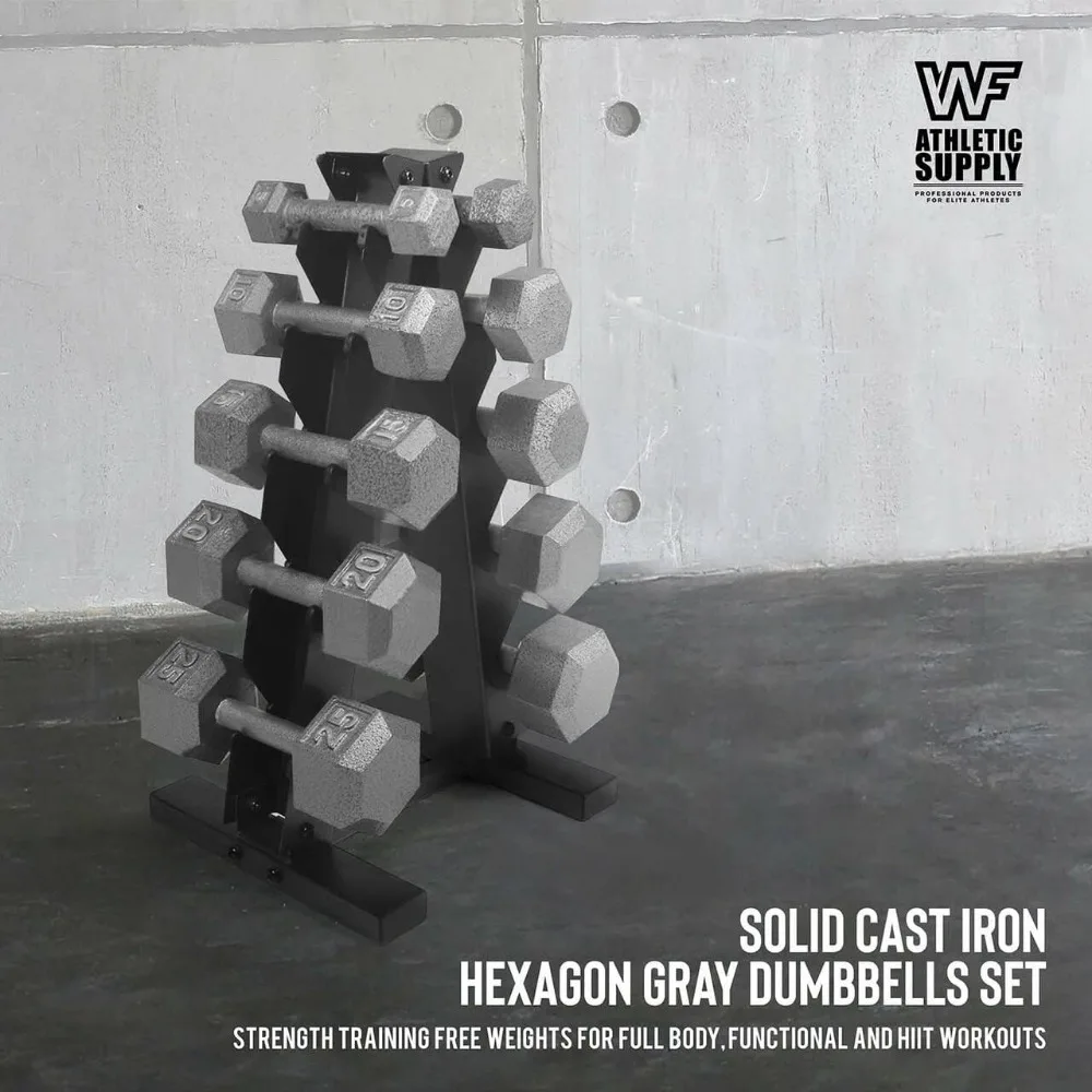WF Athletic Supply دمبل من الحديد الزهر من 5 إلى 25 رطل مع رف تخزين وتصميم سداسي لرفع الأثقال