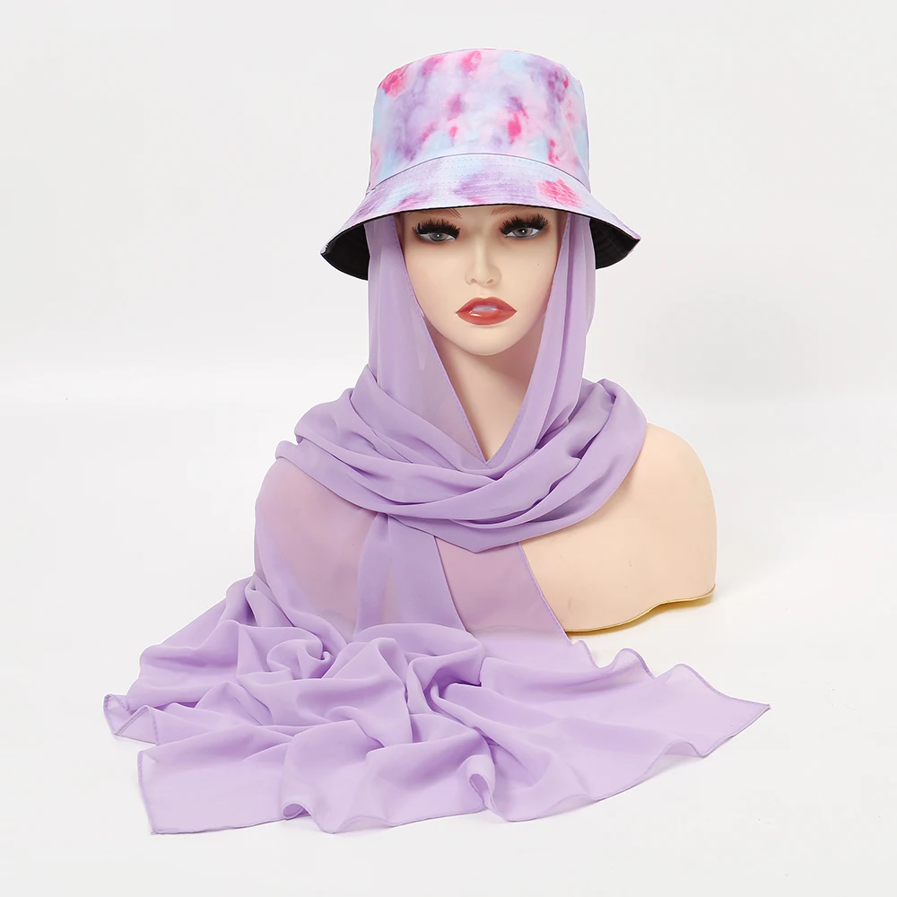 Muslim Women Bucket Hat With Chiffon Hijabs Tie Dye Sports Cap With Chiffon Shawl Ready To Wear Instant Hijab Islam Turban Wrap