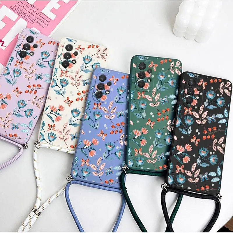 Sunrise Floral Crossbody Lanyard Silicone Phone Case For Samsung Galaxy A54 A34 A24 A73 A53 A52 A52S A04S A04E A72 Cover