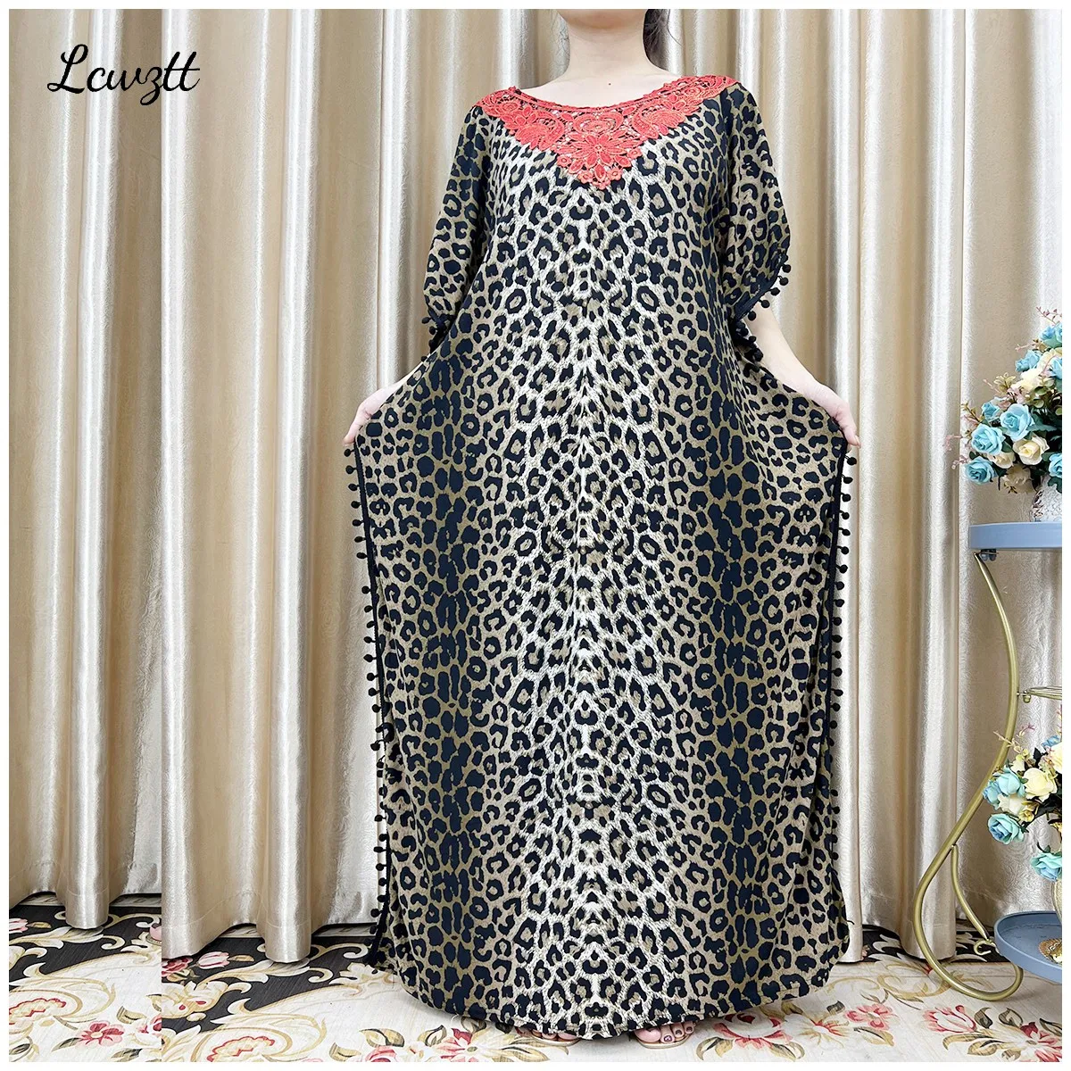 New Arrival Fashion African Women Loose Dress Muslim Large Casual Dress Elastic Fabric Stitching Pearl Diamond Decorative Style