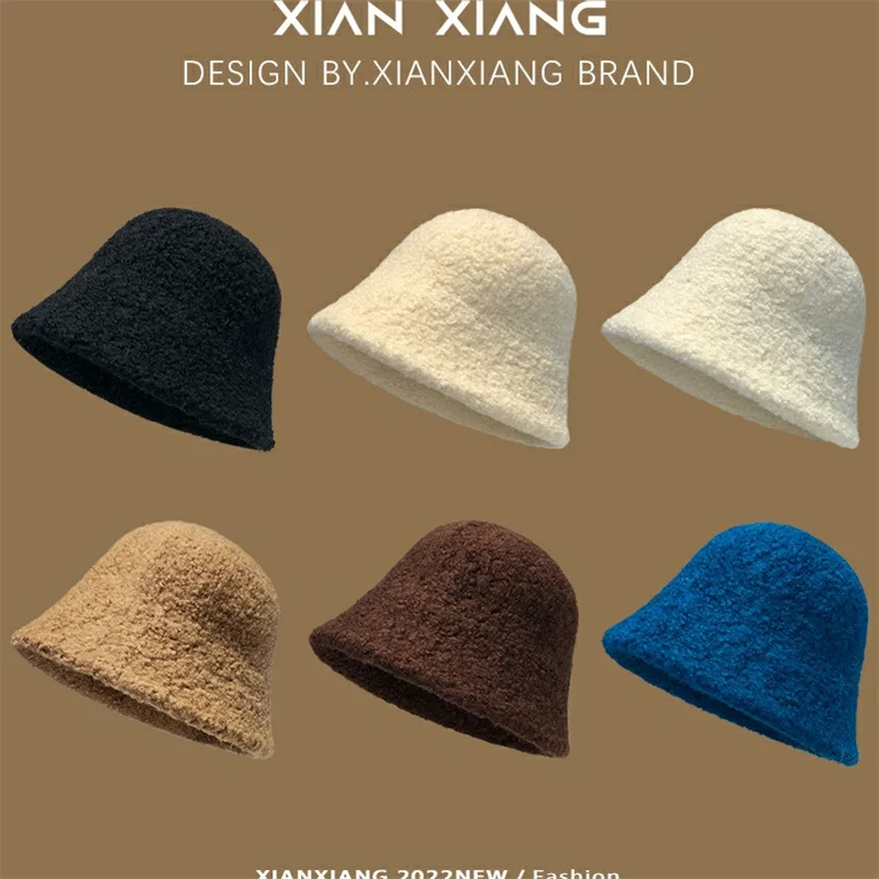 

Women Lamb Wool Bucket Hat Solid Color Winter Warm Knitted Face Slimming Fisherman Beanie​
