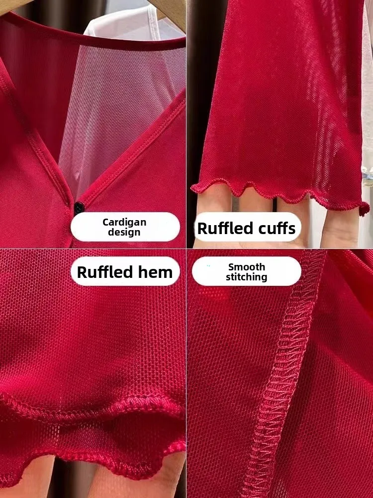Sommer Spitze Svel V-Ne Strickjacke Damen Sonnenschutz Oberbekleidung mit Riemen Weste Top Dünn Lang Sve irt