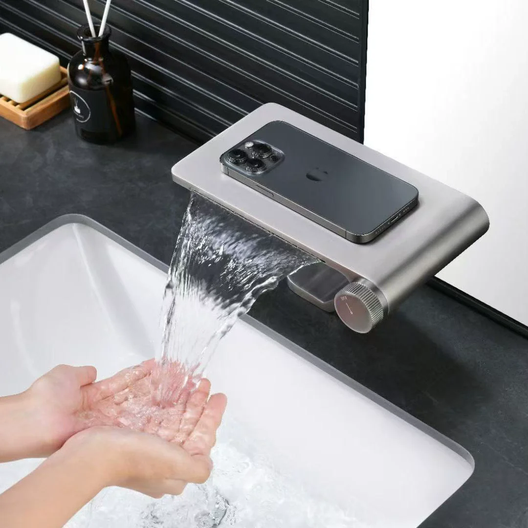 Gray Bathroom Basin Faucet Deck Mounted Brush Gold sink tap Hot and Cold  Unique Design Basin Tap Brass Material