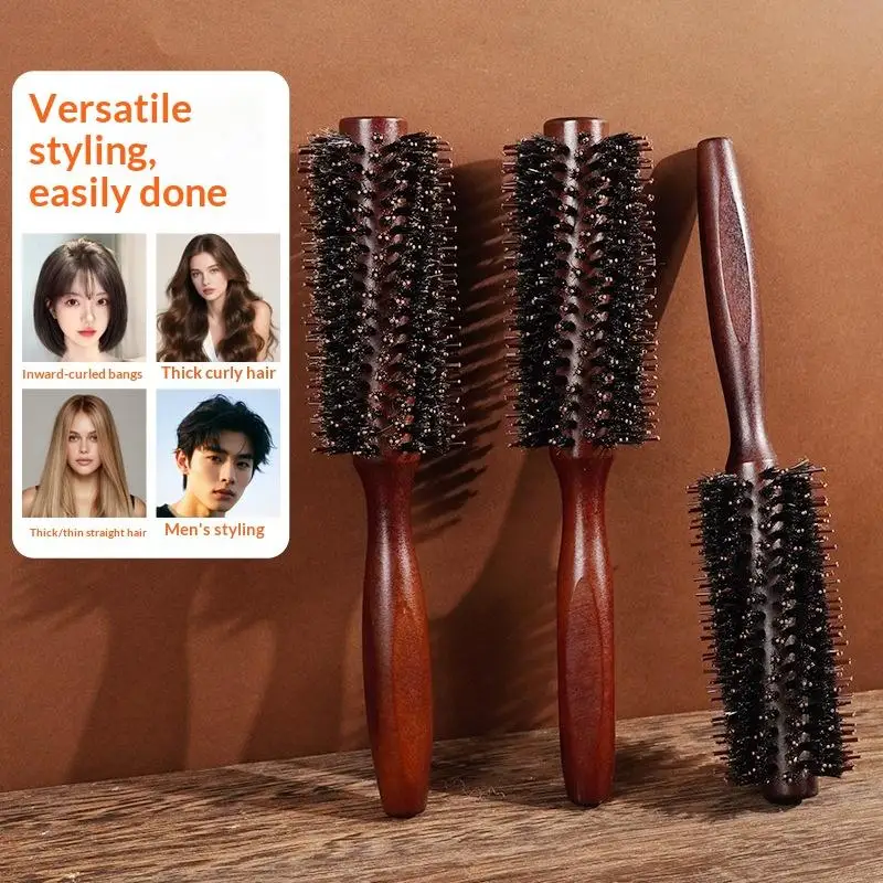 Wood Handle Boar Bristles Round Brush Tail Professional Barber Salon