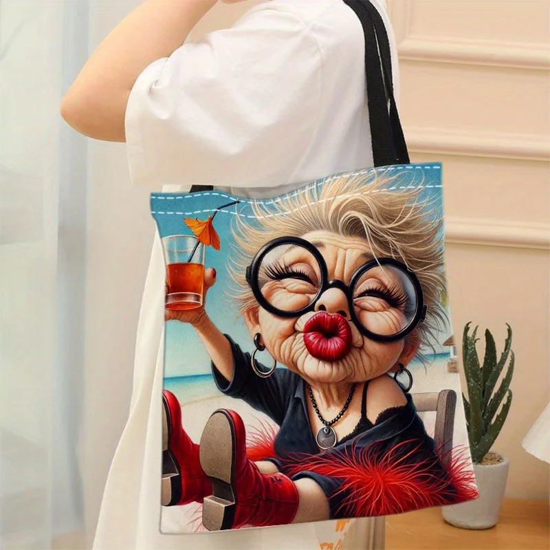 1pc Funny Grandma Beach Bag with Fashion Glasses Design - Large Capacity Tote Purse for Women & Men,Crossbody/Shoulder Bag