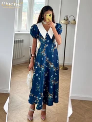 Clacive Fashion Slim Print Women's Dress Summer Lapel Short Sleeve Ankle Length Dresses Elegant Classic High Waist Female Dress