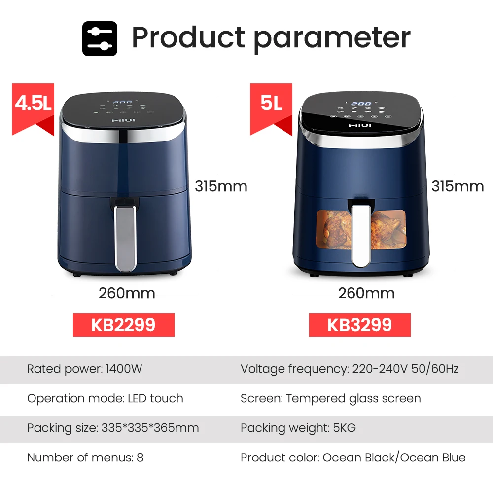 MIUI 4.5L/5L 에어 프라이어 오일이 없는 열풍 전기 프라이어, 창 및 터치 스크린 포함, 홈 스퀘어 딥 프라이어 오션 하트