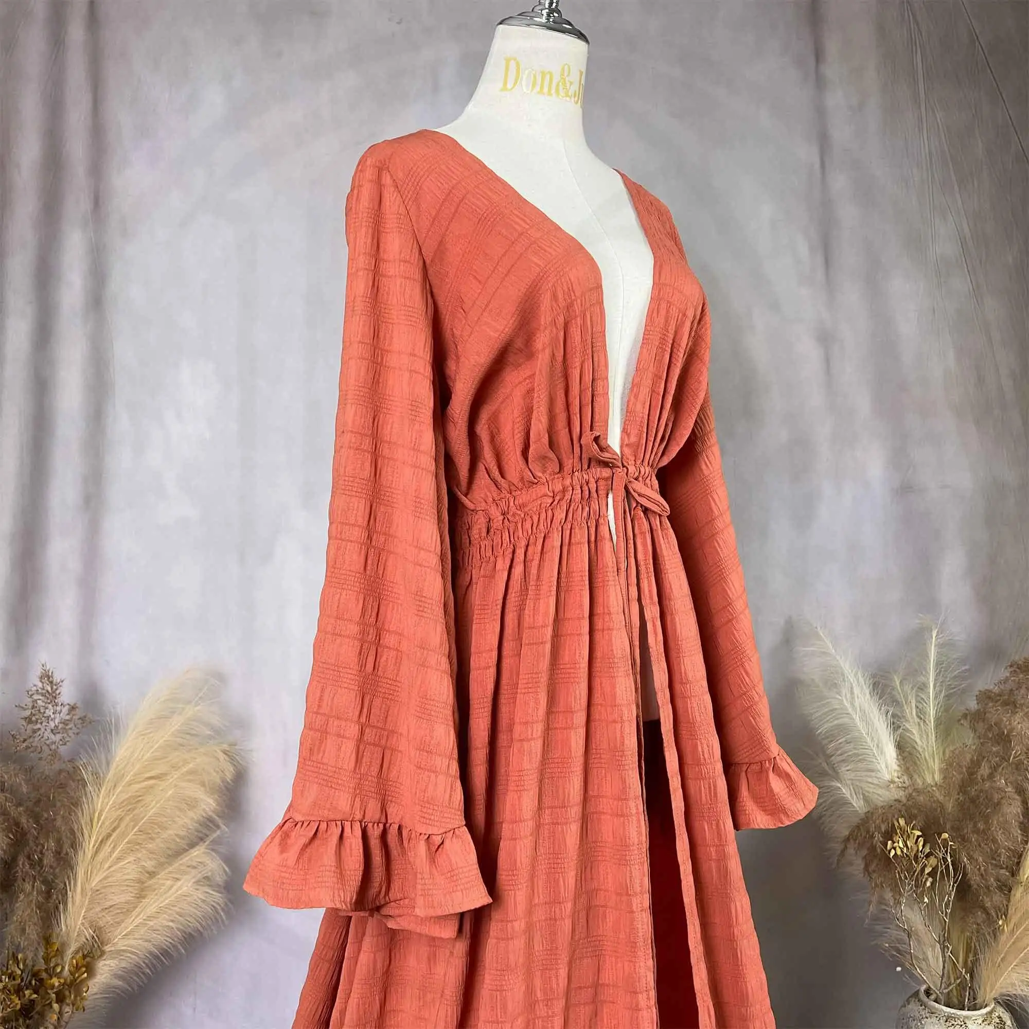 Don&Judy Maternity Wedding Dress for Pregnant Lady Orange Long Sleeve V-neck Front Slit for Photography Evening Party