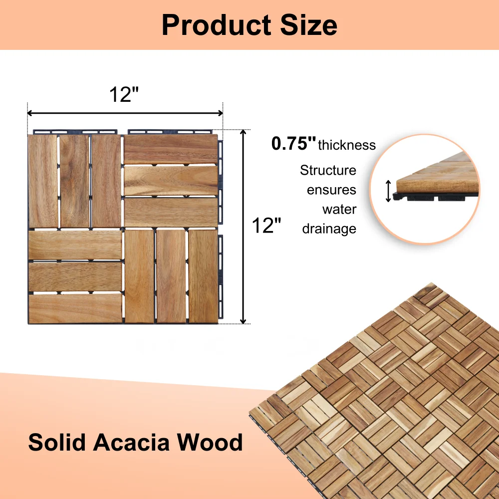 30 peças padrão de treliça de telha de deck intertravado, piso externo de madeira dura de acácia amarela quadrada de 12 "x 12", pátio, lado da piscina