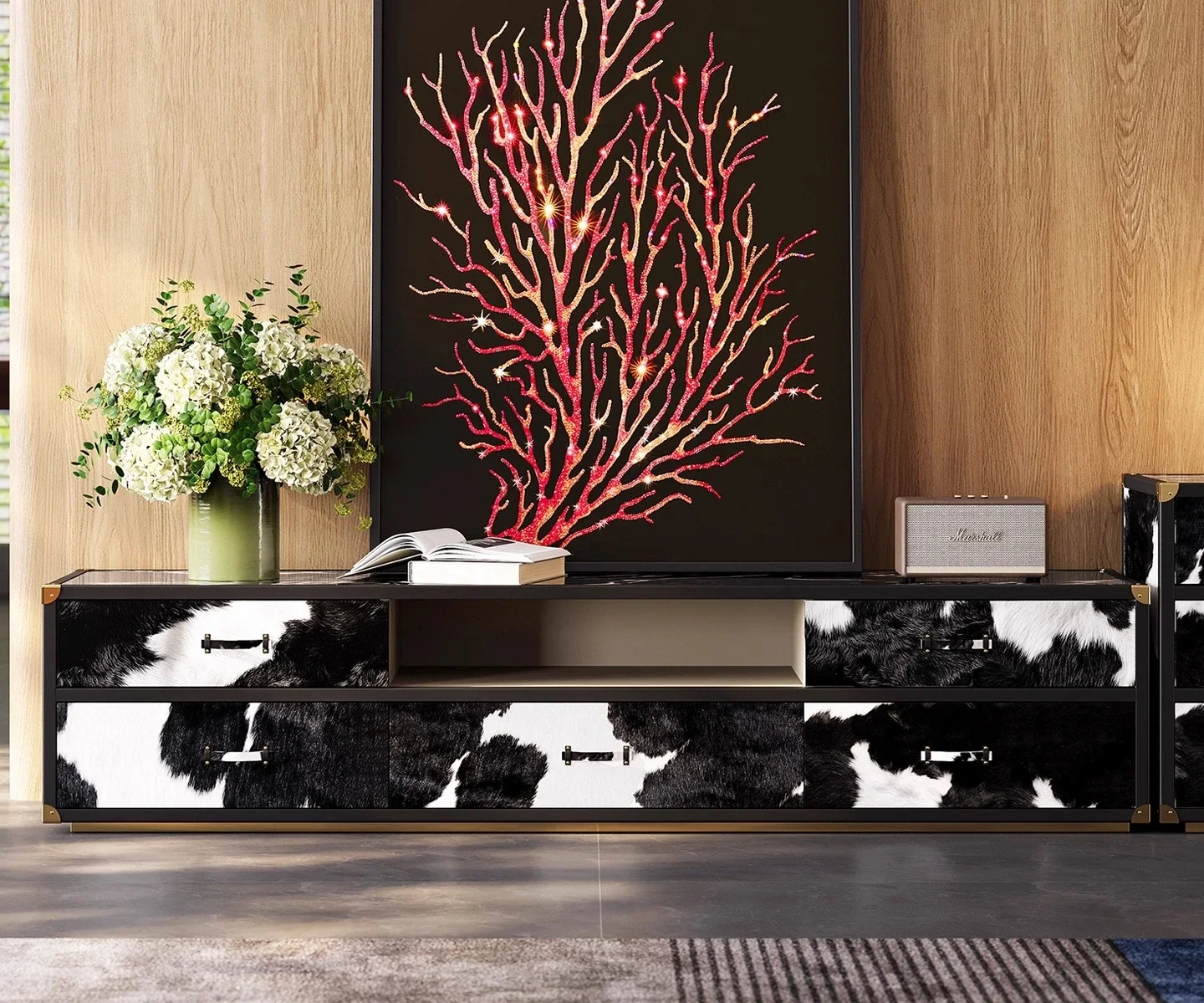 

Ljy Light luxury TV cabinet, living room fashion high-end milk cowhide marble floor cabinet