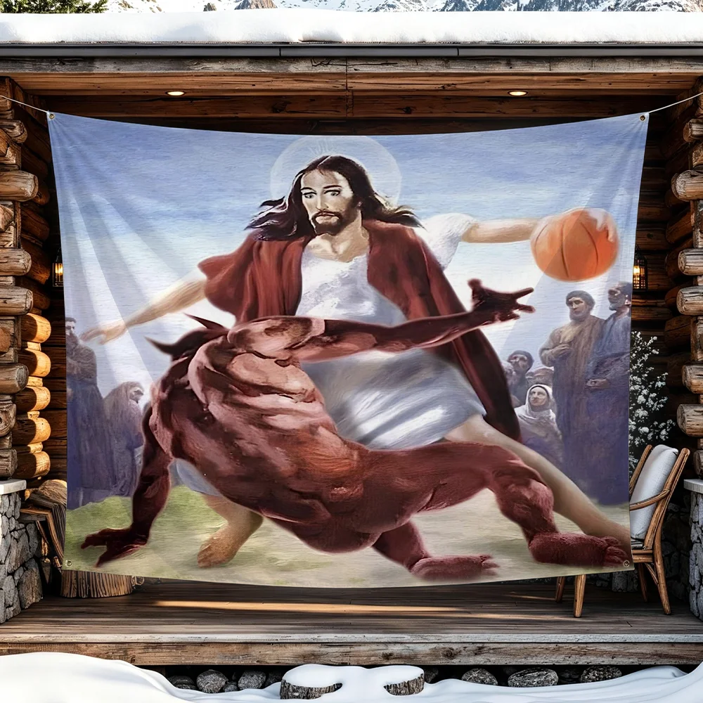 Hilarious Jesus vs Satan Basketball flag Advertising Banner for Camping Decoration Outdoor & Garage Wall Hanging Decorations