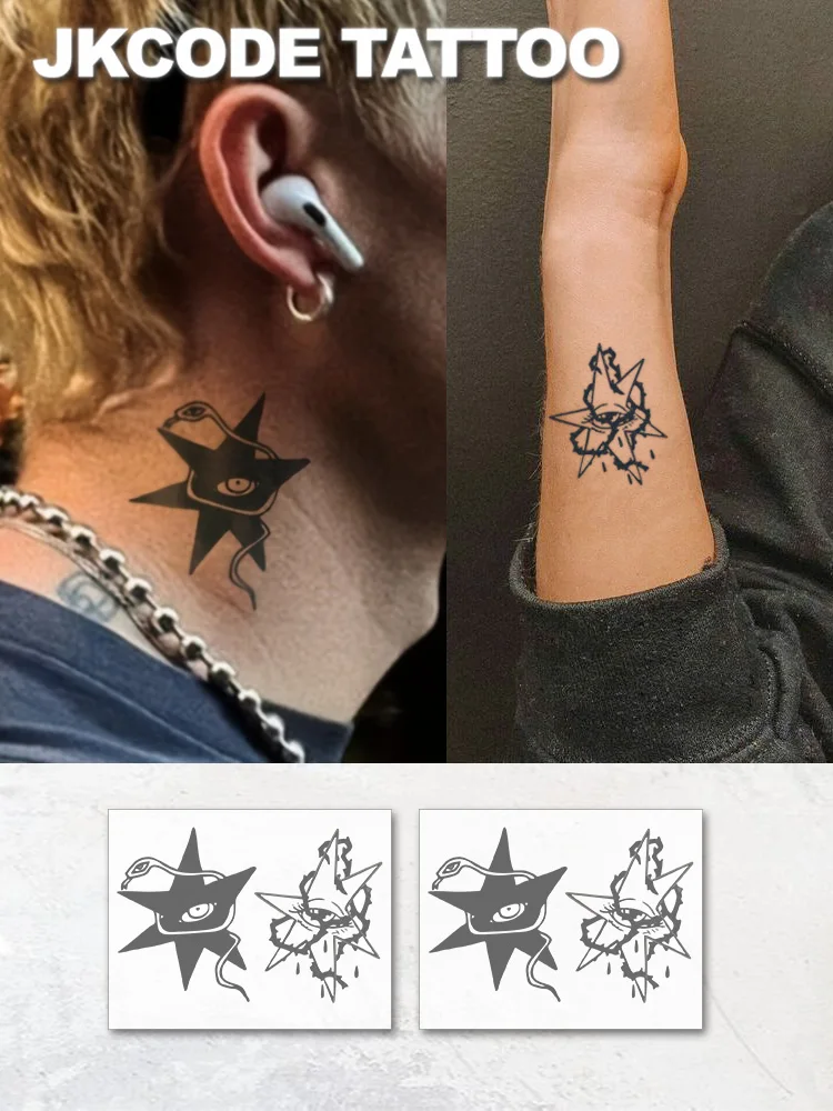 2-Piece Set of Herbal Tattoo Stickers with Quirky and Cute Black and White Hexagonal Star and Snake Patterns, Couple Tattoos for Valentine's Day, Men's and Women's Styles, for Hands, Neck, Legs, and Ankles, Long-Lasting Waterproof Tattoo That Lasts 15 Days