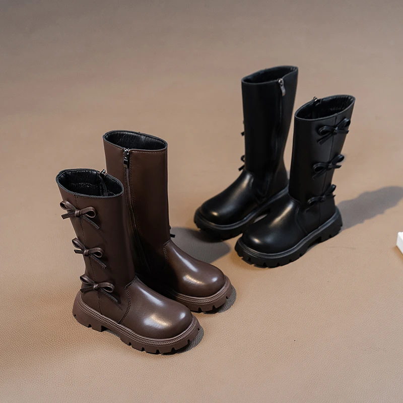 Children Knee Length Boots British Style Girls Princess Leather Boots Side Zipper Non-Slip Fashion Kids Long Boots with Bowtie