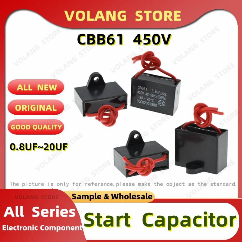 CBB61 Capacitor 450vac 0.8UF 1UF 1.2UF 1.5UF 2.2UF 2.5UF 3UF 4UF 4.5UF 6UF 7UF 10UF 12UF 15UF 20UF Ceiling Fan Start Range Moto