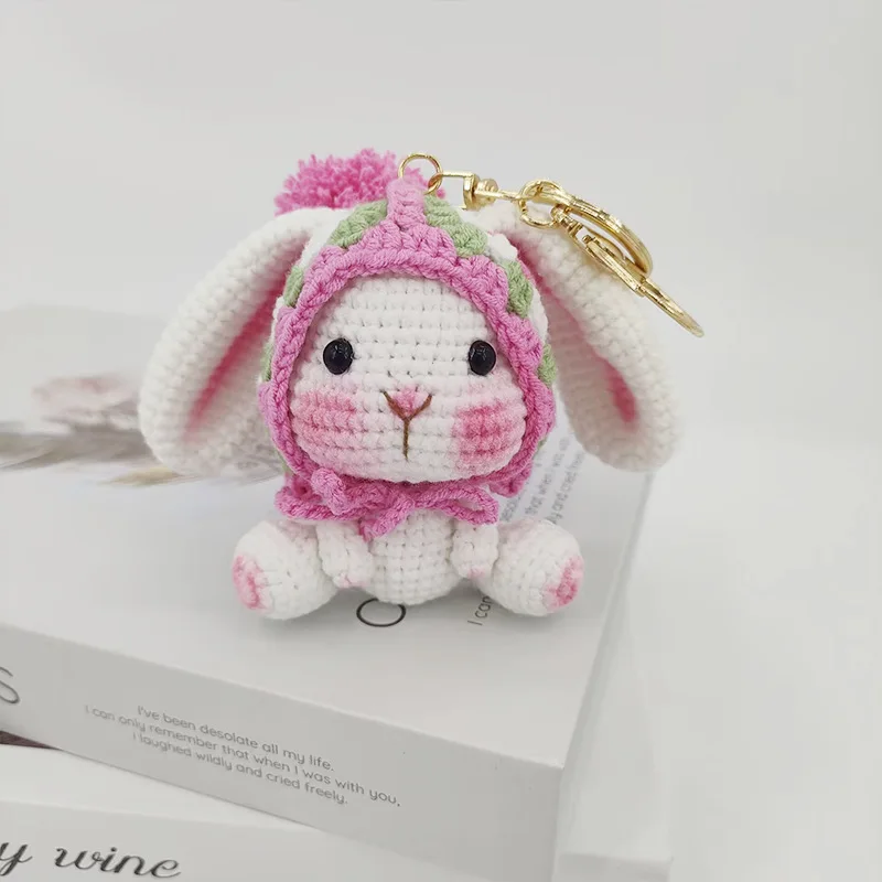 Handmaking Crochet Pink Lop-eared Rabbit Keychain Knitted Rabbit Doll Keychain For Gift Cute Animal Doll Crochet Keyrings Custom