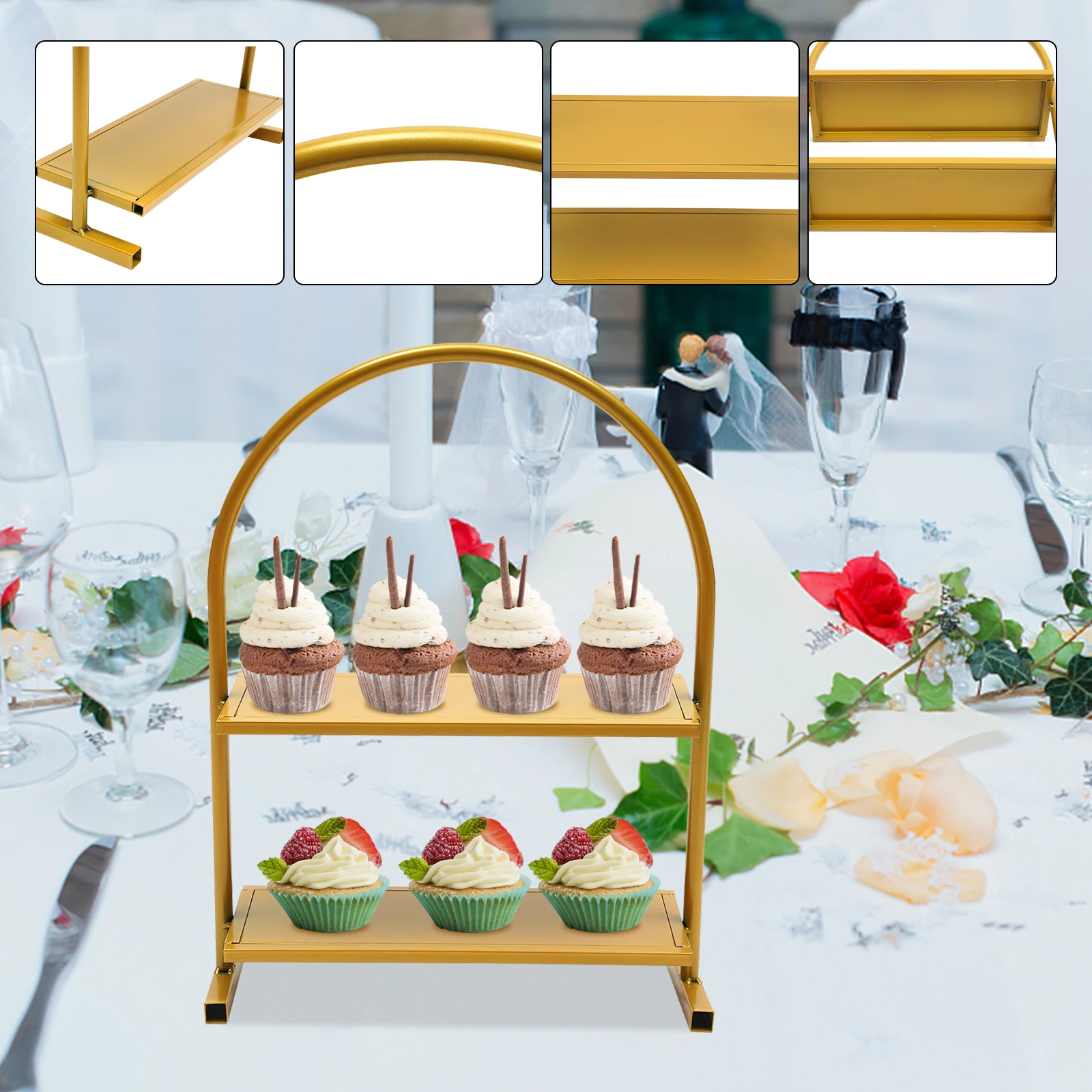 2 Tier Metal Cake Dessert Display Stand Holder Dessert Plate Wedding Party Cupcake Display Arch Gold 2-Tier Wedding