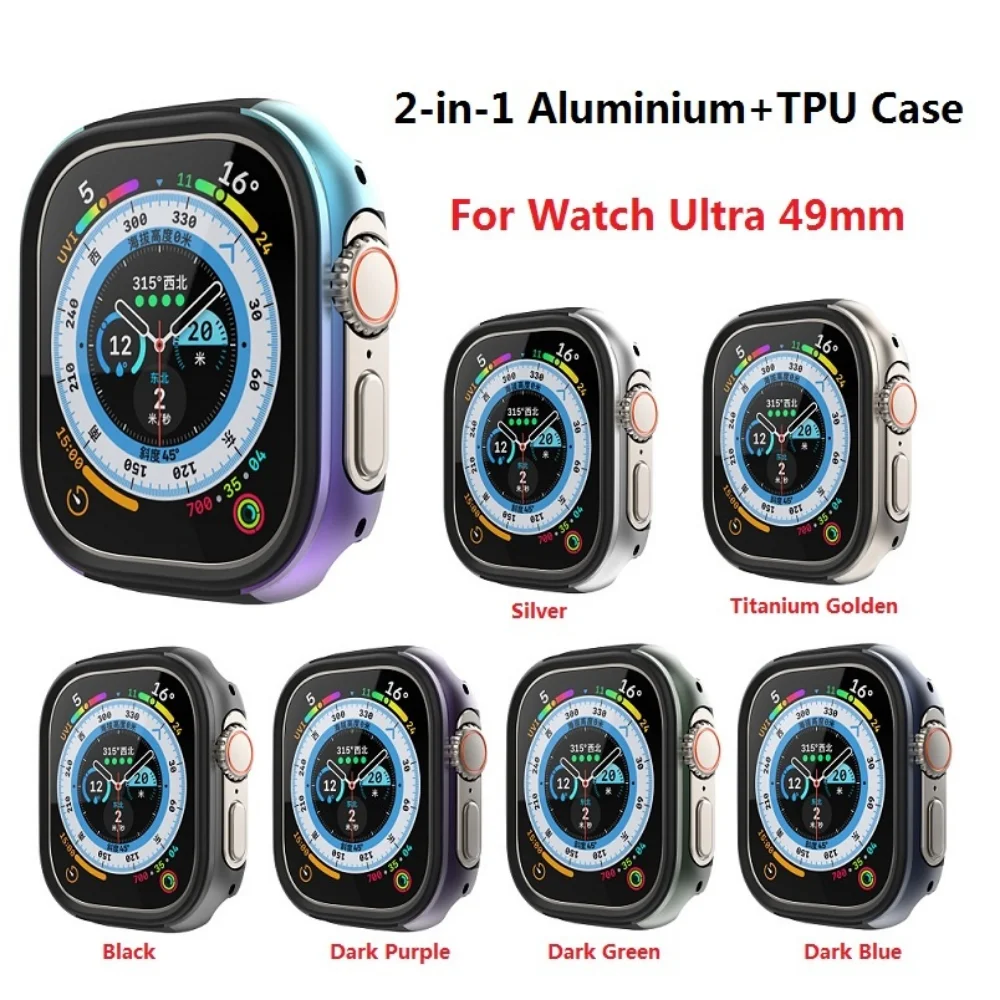 2 in 1 Aluminum Alloy + TPU Bumper Case for Apple Watch Ultra 49mm Anri-scratch Hard Metal Watch Cover