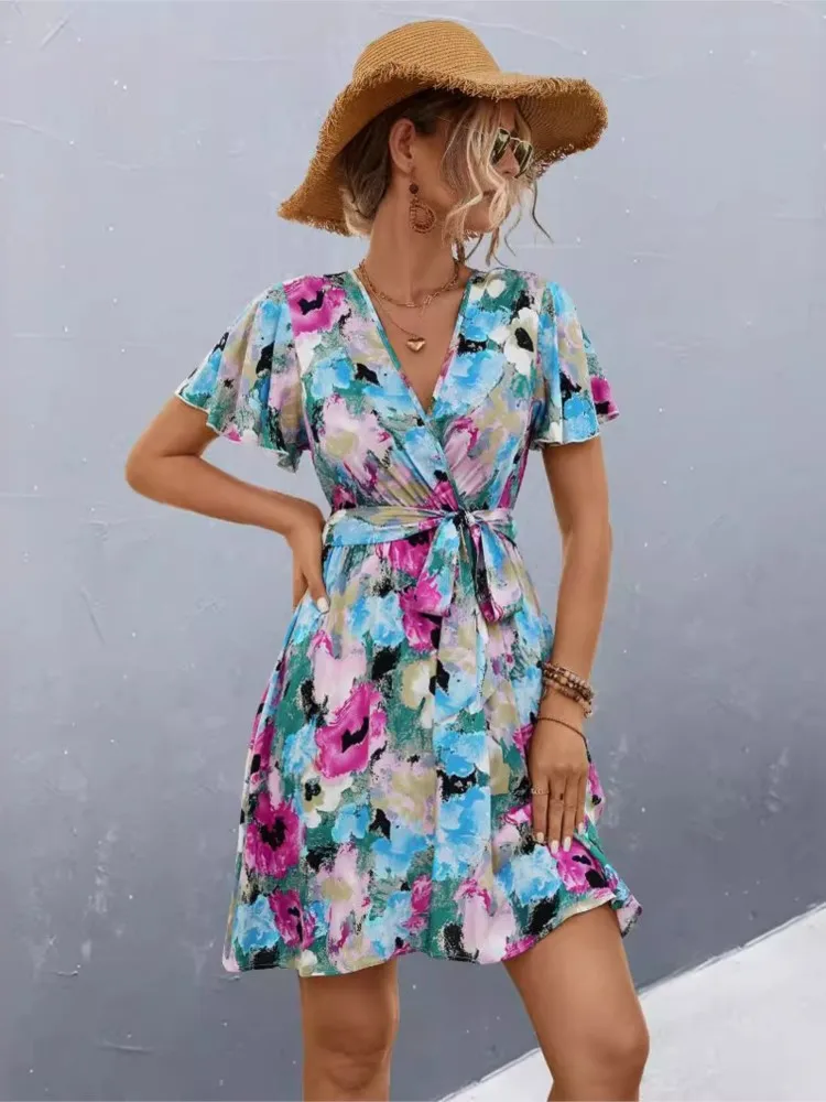 2024 Spring Summer New Women's Clothing Sexy V-neck Fashion Print Tie Short Sleeve A-line Short Dress Casual Comfortable