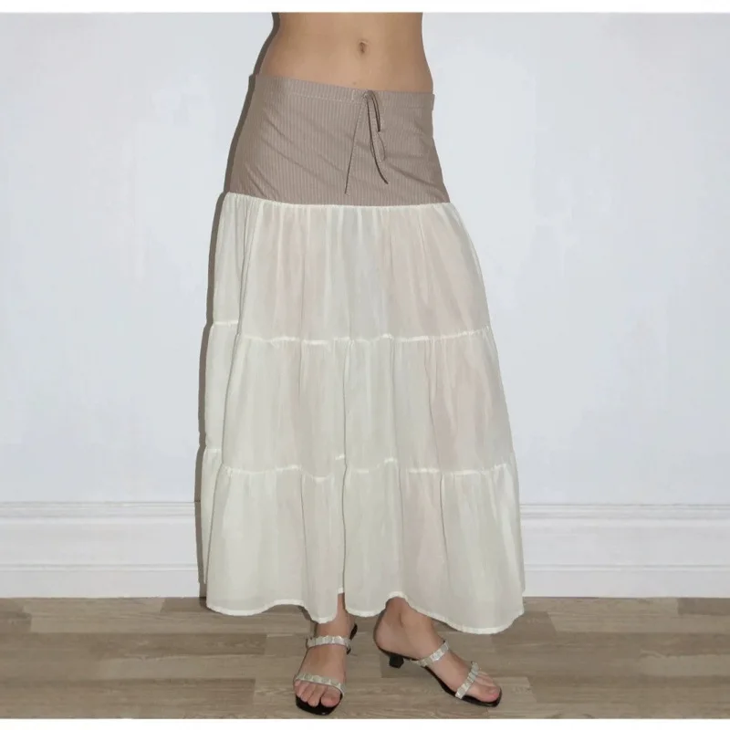 

Paloma Wool25 New Plaid A-Line Midi Skirt Long Skirt Belted Splicing Stripe Pattern Retro Sle Polyester Fiber Fairy Skirt