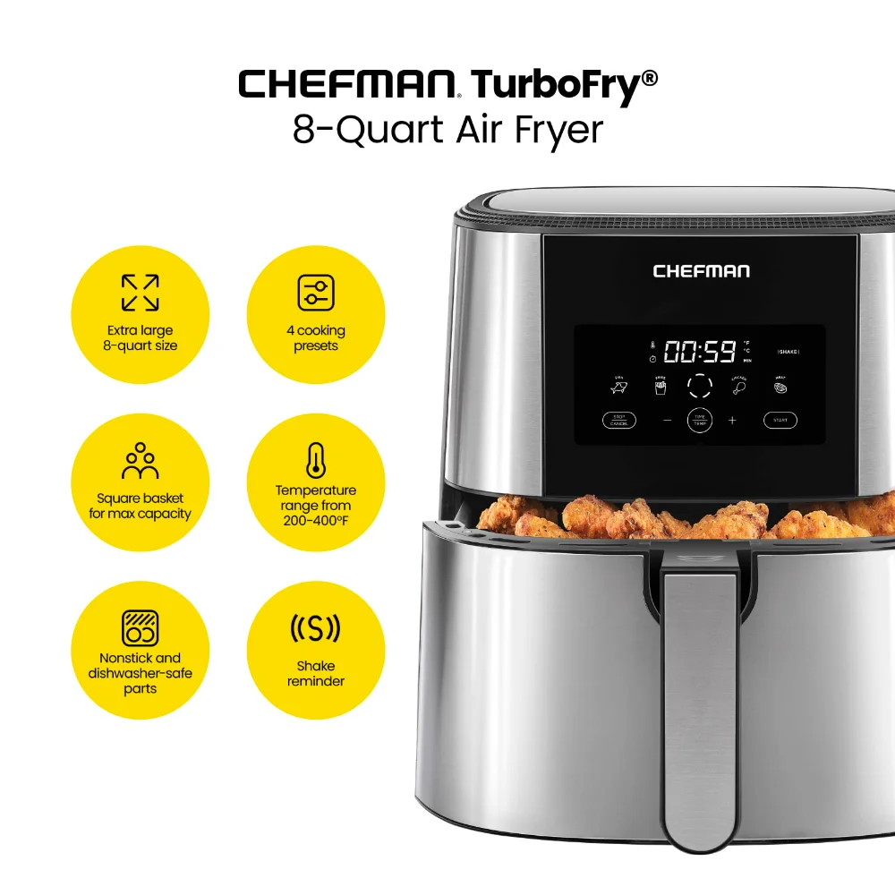 Chefman TurboFry® Touch Air Fryer, XL 8-Qt Family Size, One-Touch Digital Control Presets, Automatic Shutoff, Stainless Steel.