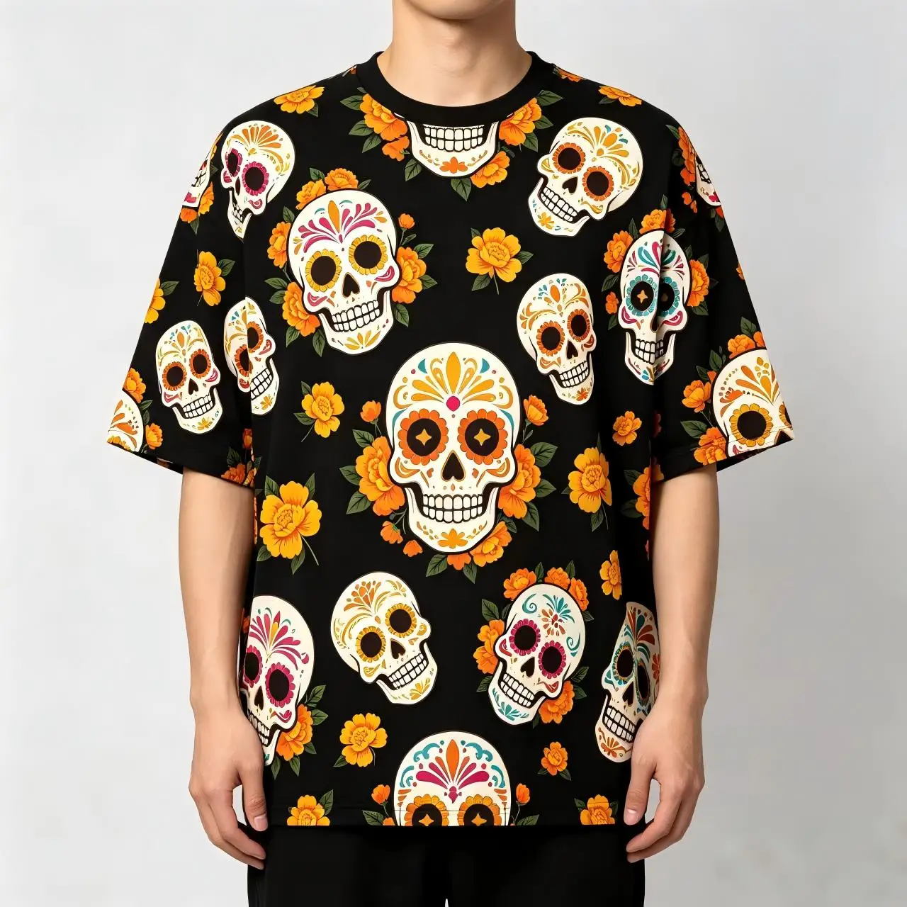 Men Women Teen Dia De Los Muertos Sugar Skull Marigold All Over Print T‑Shirt Casual Short Sleeve Crew Neck Tee