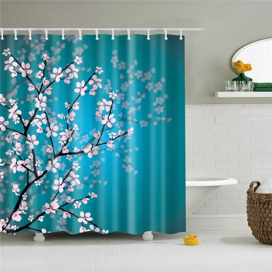Watercolor Cherry Blossom Wisteria Chrysanthemum Colorful Daisy Butterfly Floral Nature Pattern Shower Curtain Waterproof Mildew