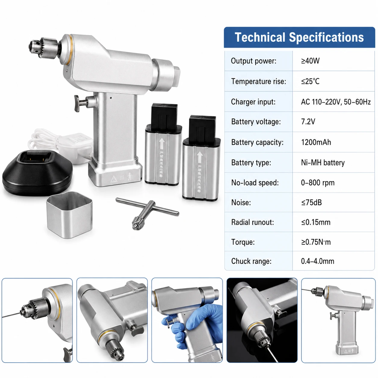 Mini Taladro Ortopédico Eléctrico Canulado  Cirugía Ósea, Taladro Hueco  0-800 rpm y 7.2V con 2 Baterías y Cargador