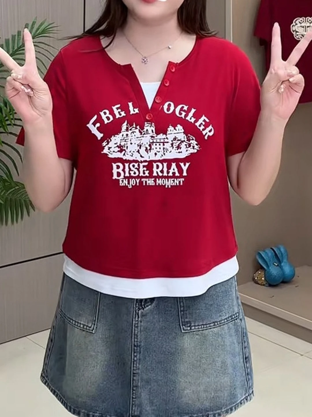 plus Size Pure Cotton Short Sleeve T-Shirt Women's Summer New Style Color Block Slimming Top Korean Style Commute Fashion