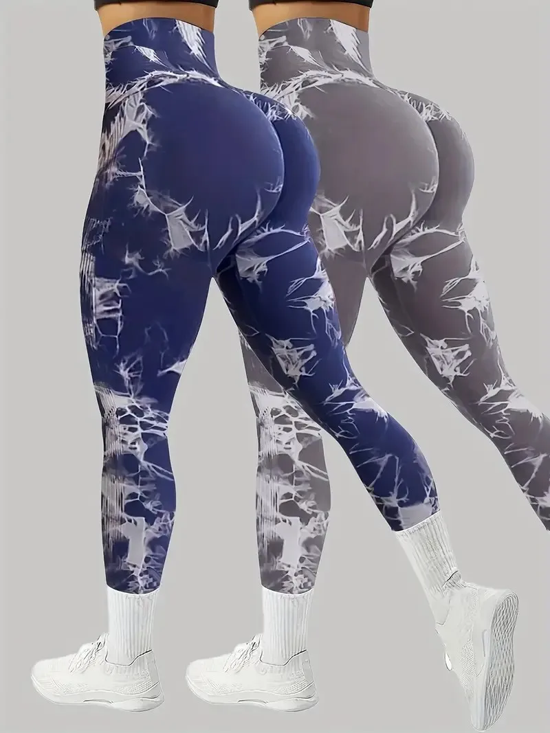 Paquete de 2 mallas de Yoga de alto estiramiento para mujer, mallas deportivas de Yoga de alto estiramiento sin costuras con tinte anudado, pantalones de entrenamiento atléticos, ajuste cómodo